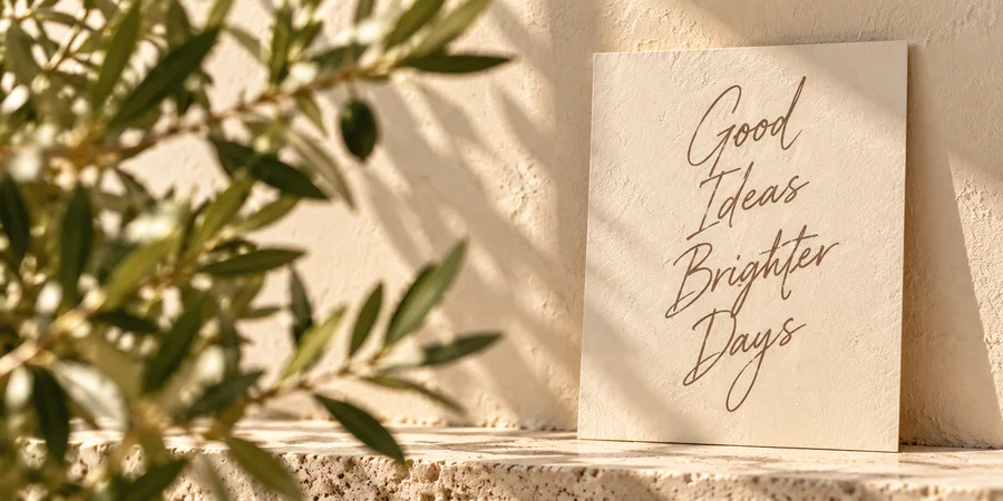 A handwritten Good Ideas Brighter Days art print beside olive leaves
