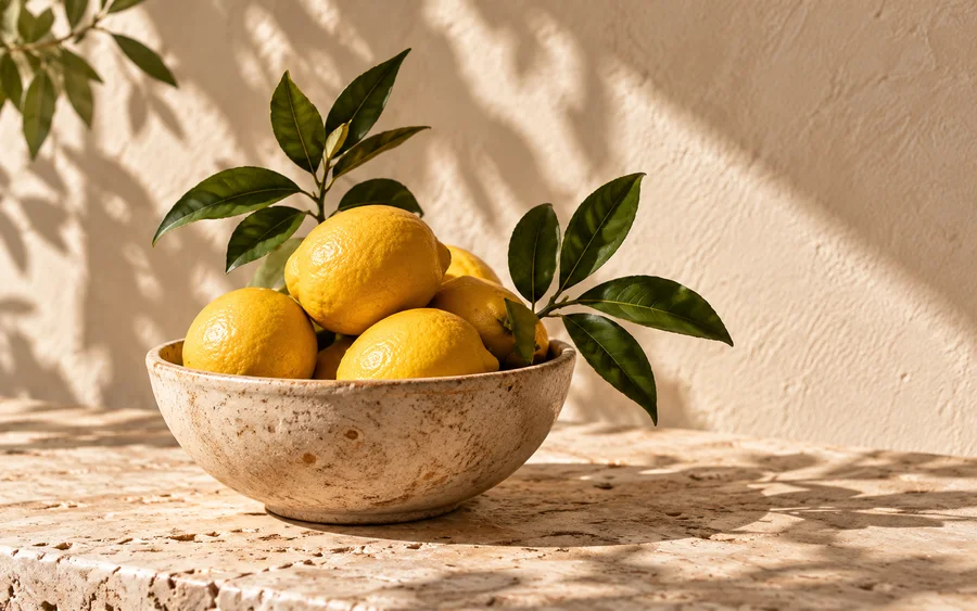 Lemons and green leaves in a ceramic bowl in morning light