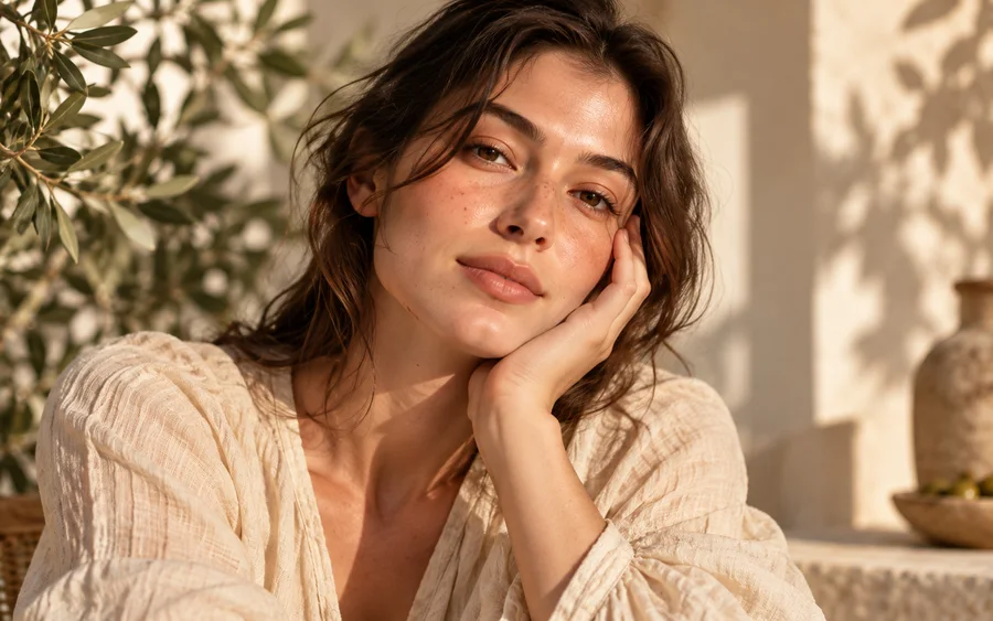 Sunlit editorial portrait of a woman in a linen blouse