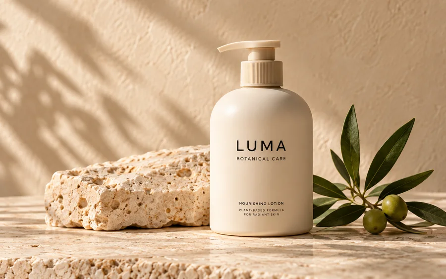 Ivory Luma skincare bottle with olive leaves on travertine