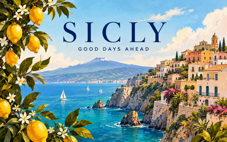 Sicily travel poster with lemons and a blue Mediterranean coastline